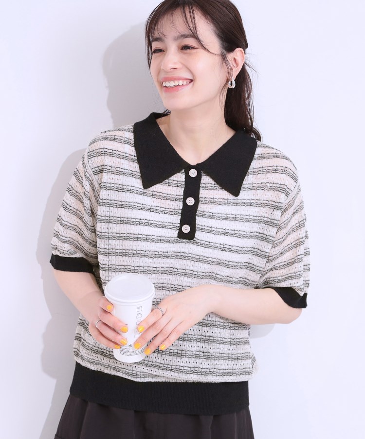 S-LL】大人カジュアルコーデに 透かし編みボーダー ポロニット S-LL】大人カジュアルコーデに 透かし編みボーダー ポロニット