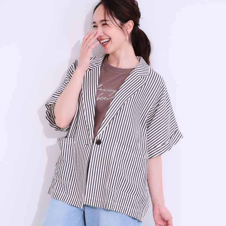 シューラルー(SHOO・LA・RUE/Cutie Blonde)の【セットアップ可能/接触冷感/吸水速乾】サッカーストライプ テーラードカラーシャツジャケット テーラードジャケット