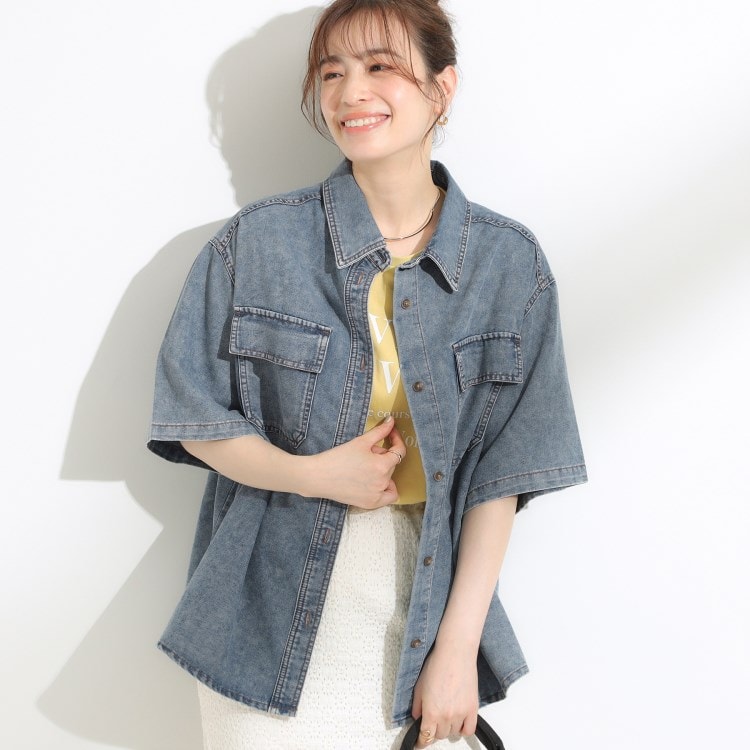 シューラルー(SHOO・LA・RUE/Cutie Blonde)の【S-LL】こなれ感ある着こなしに ケミカルウォッシュ5分袖デニムシャツ シャツ・ブラウス