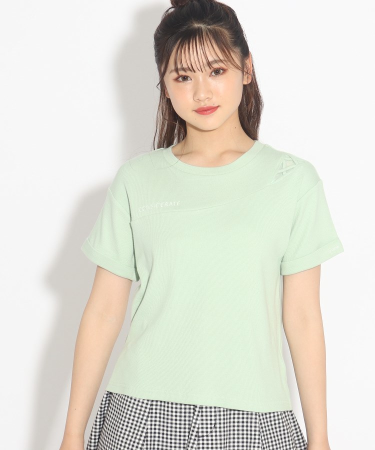 ピンク ラテ(PINK-latte)の編み上げ透けTシャツ1