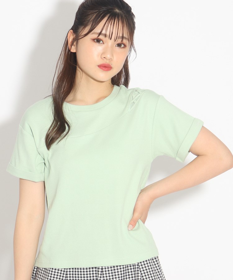 ピンク ラテ(PINK-latte)の編み上げ透けTシャツ ライトグリーン(021)
