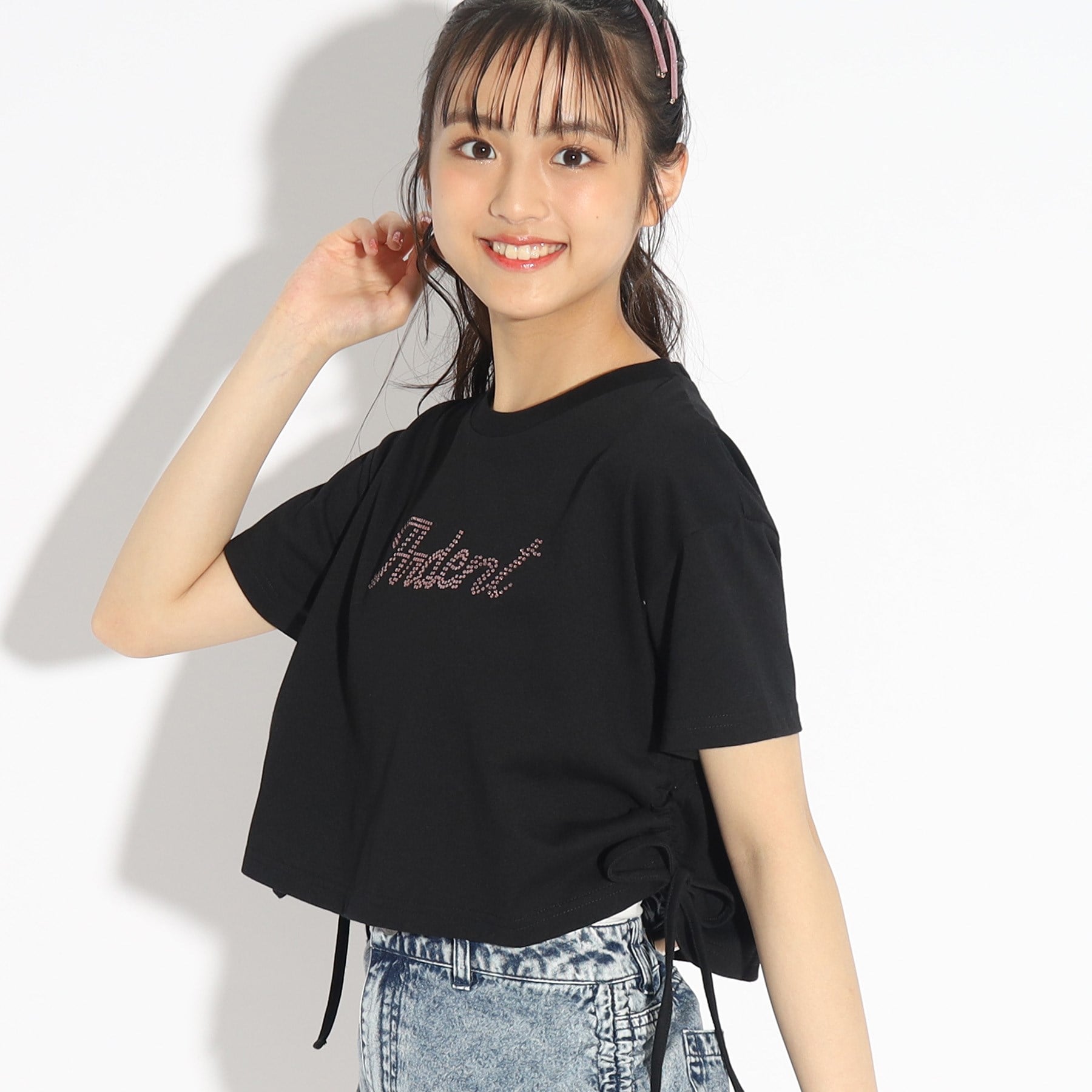 ピンク ラテ(PINK-latte)の裾シャーリングTシャツ ブラック(019)