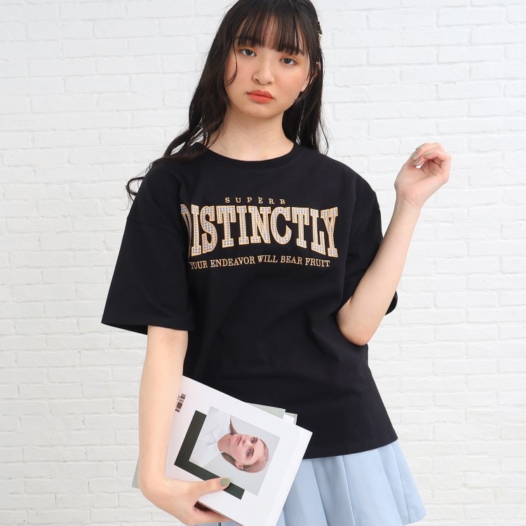 ピンク ラテ(PINK-latte)の【セットアップ可】チェックアップリケロゴTシャツ Ｔシャツ