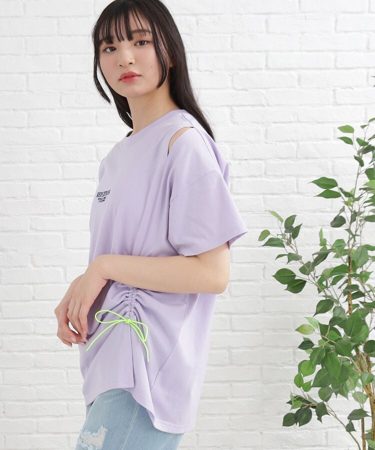 ピンク ラテ(PINK-latte)の【2WAY/前後着用可】配色ドロストシャーリングTシャツワンピース ライトパープル(081)