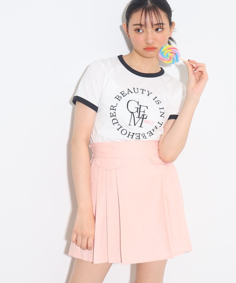 ピンク ラテ(PINK-latte)のY2K気分♪配色リンガー刺繍Tシャツ オフホワイト×ブラック(003)