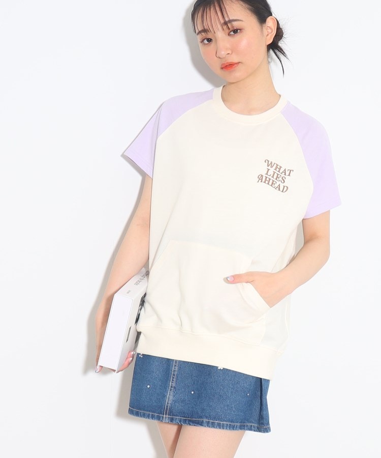 ピンク ラテ(PINK-latte)のフレンチスリーブ配色チュニックTシャツ アイボリー(004)