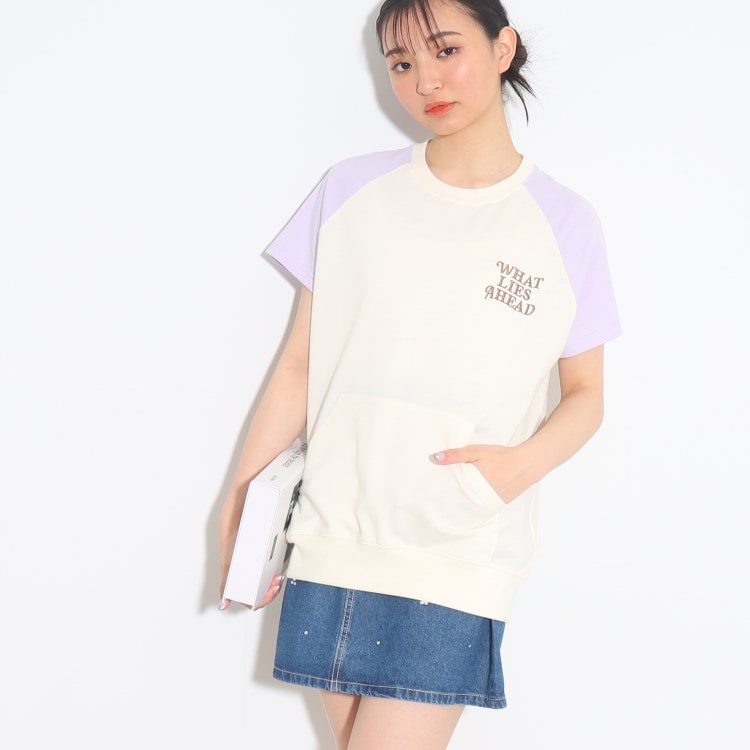 ピンク ラテ(PINK-latte)のフレンチスリーブ配色チュニックTシャツ Ｔシャツ