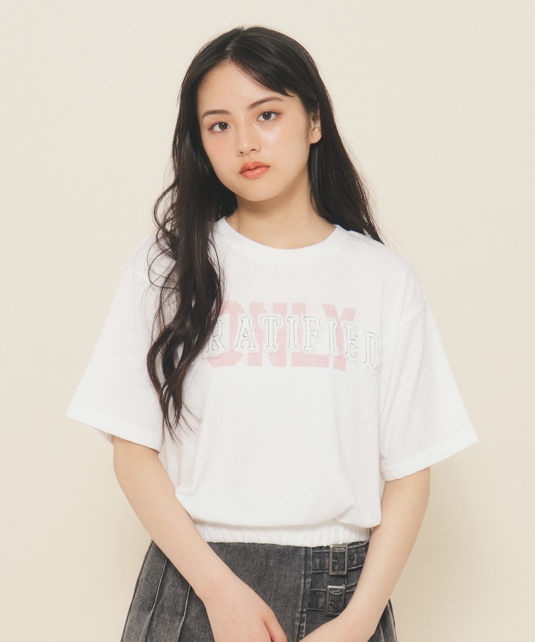 ピンク ラテ(PINK-latte)の【130cmあり】バルーンデニムロゴTシャツ3