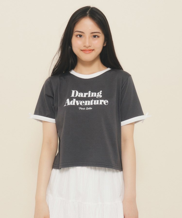 ピンク ラテ(PINK-latte)の【130cmあり】フロントロゴ袖リボンリンガーTシャツ2