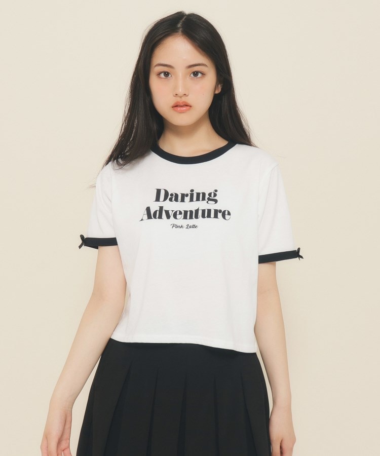 ピンク ラテ(PINK-latte)の【130cmあり】フロントロゴ袖リボンリンガーTシャツ オフホワイト(003)