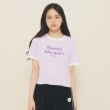 ピンク ラテ(PINK-latte)の【130cmあり】フロントロゴ袖リボンリンガーTシャツ パープル(081)
