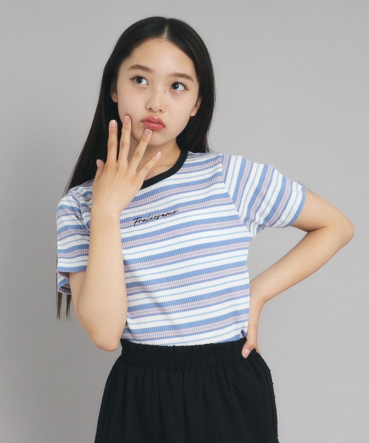 ピンク ラテ(PINK-latte)の【ニコプチ10月号掲載】コンパクトリブTシャツ ブルー(391)