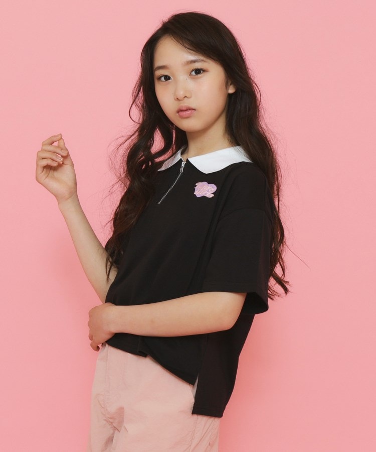ピンク ラテ(PINK-latte)のポロ衿ハーフジップTシャツ ブラック(019)