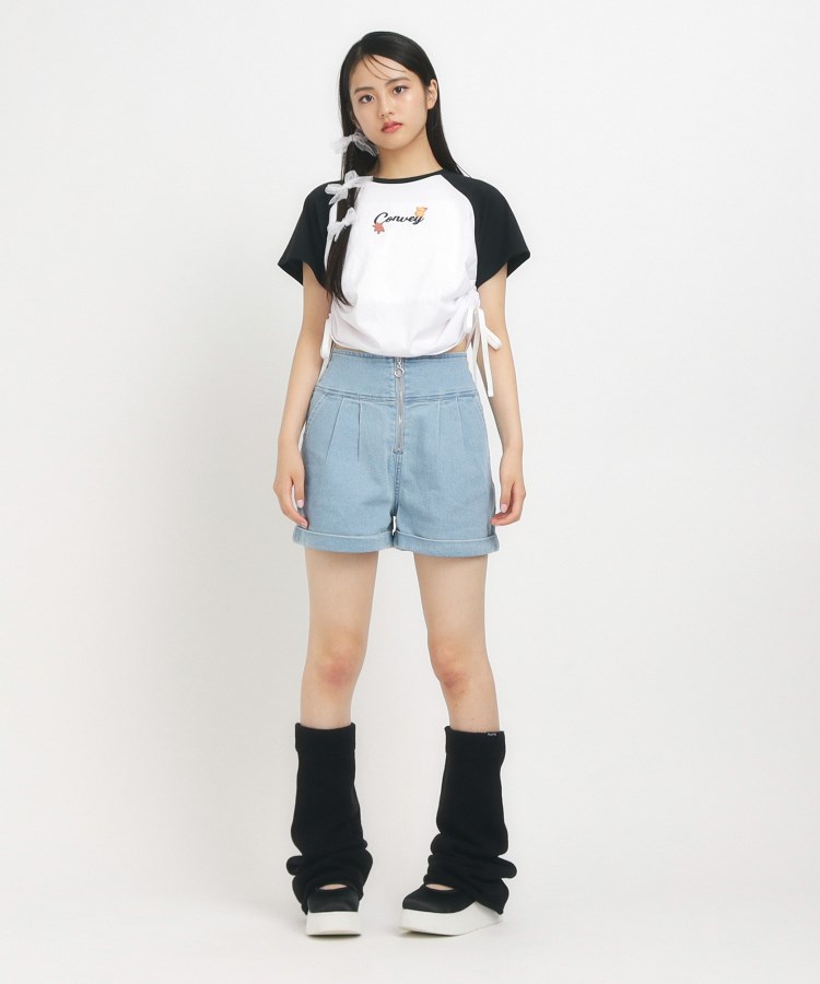 ピンク ラテ(PINK-latte)の【130cmあり】リングジップデニムショートパンツ ブルー(491)