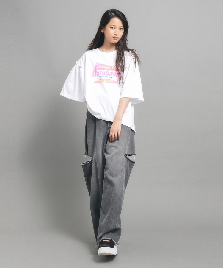 ピンク ラテ(PINK-latte)の【130cmあり】ミニフリル付きボリューム袖Tシャツ オフホワイト(003)