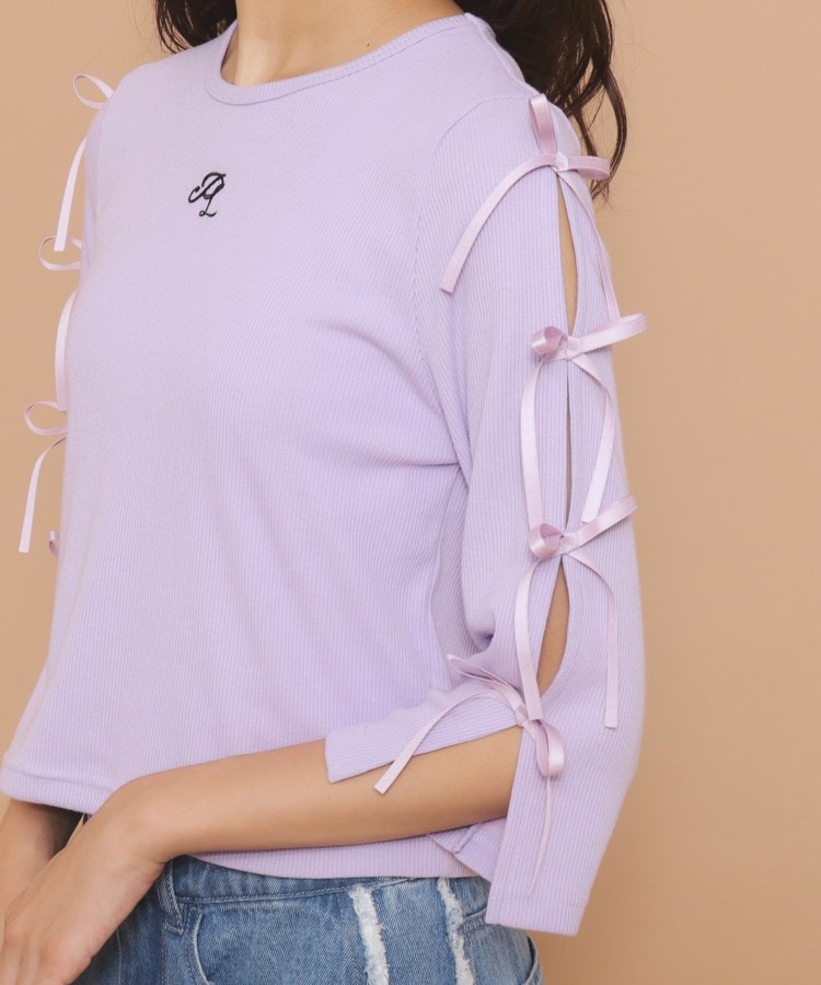 ピンク ラテ(PINK-latte)の【130cmあり】リボン袖ショート丈プルオーバー5