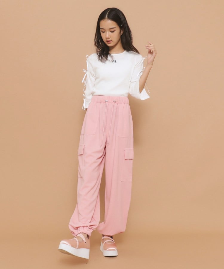ピンク ラテ(PINK-latte)の【130cmあり】リボン袖ショート丈プルオーバー9