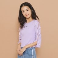 130cmあり】フロントロゴ袖リボンリンガーTシャツ(SS(130-140
