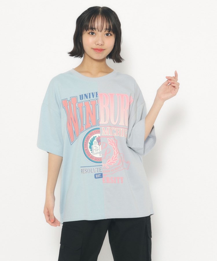 ピンク ラテ(PINK-latte)のリメイク風Tシャツ ブルー(091)