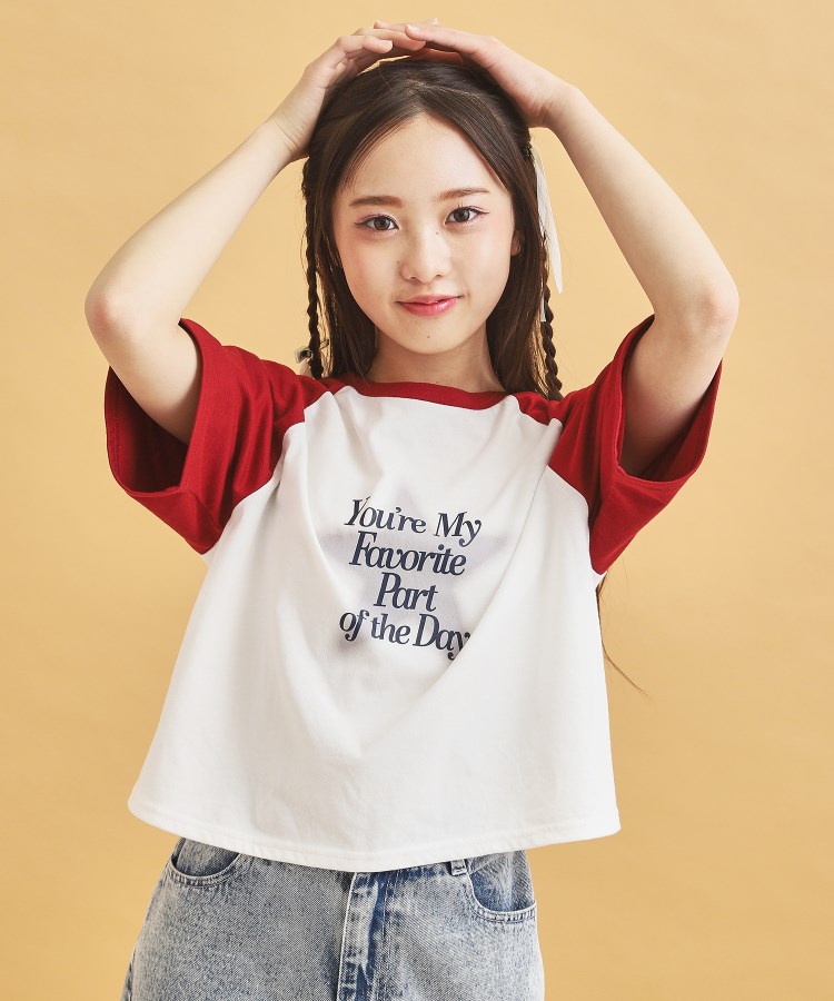 ピンク ラテ(PINK-latte)のスプレー星ラグランTシャツ レッド(263)