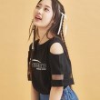 ピンク ラテ(PINK-latte)のチュール切替肩あきTシャツ ブラック(019)