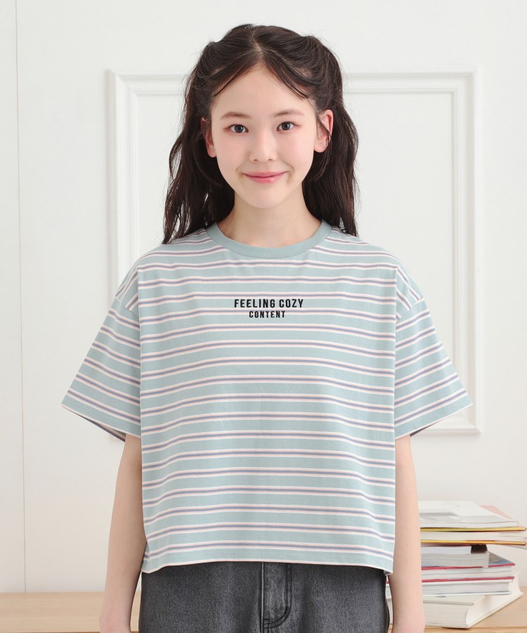 ピンク ラテ(PINK-latte)のクロップドボーダーTシャツ1