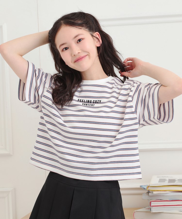 ピンク ラテ(PINK-latte)のクロップドボーダーTシャツ オフホワイト(203)