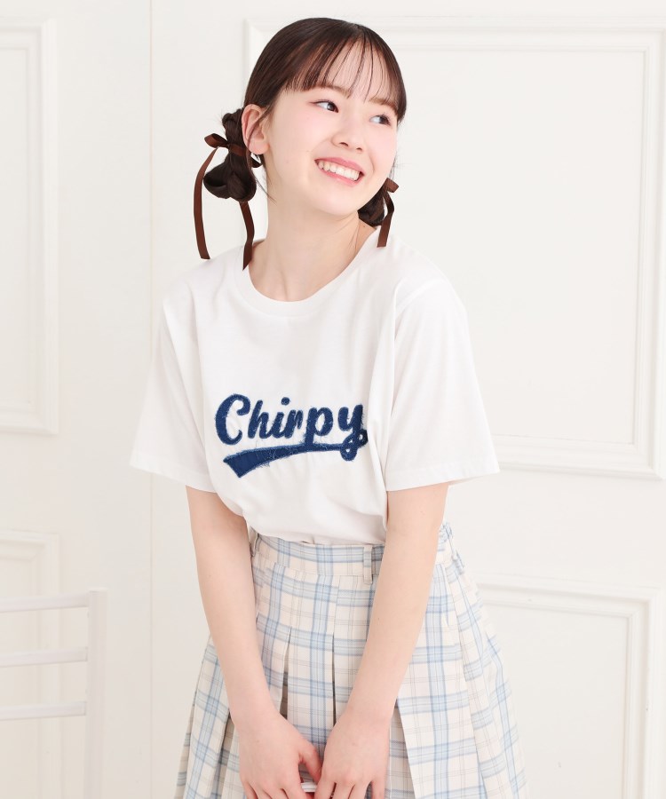 ピンク ラテ(PINK-latte)のツイルアップリケTシャツ オフホワイト(003)