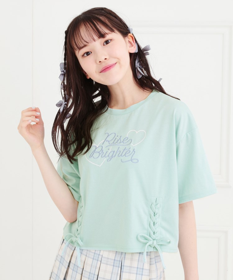 ピンク ラテ(PINK-latte)のレースアップTシャツ ミントグリーン(021)