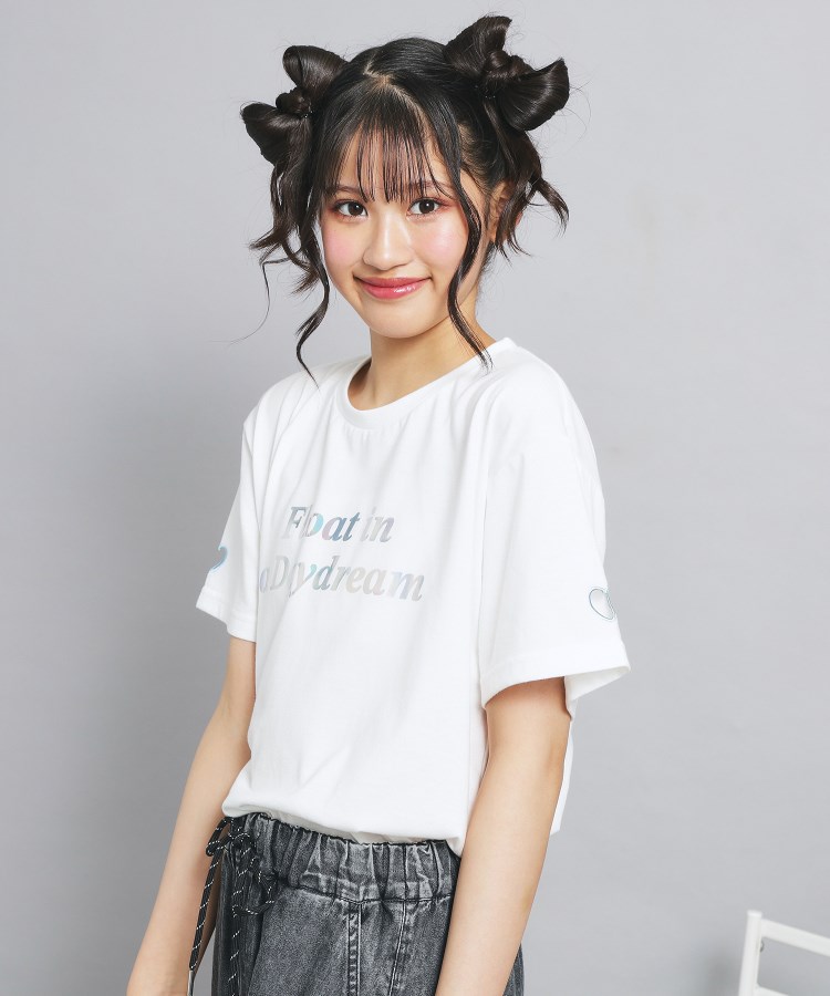 ピンク ラテ(PINK-latte)のオーロラプリントハートあきTシャツ オフホワイト(003)