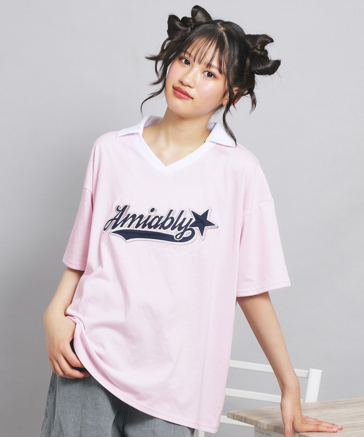 ピンク ラテ(PINK-latte)の【接触冷感】Vネック衿付きアップリケビッグTシャツ19