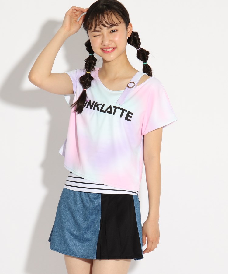 ＜WORLD＞ PINK-latte(ピンク ラテ) タイダイTシャツ+スカパン+ボーダー水着4点セット画像