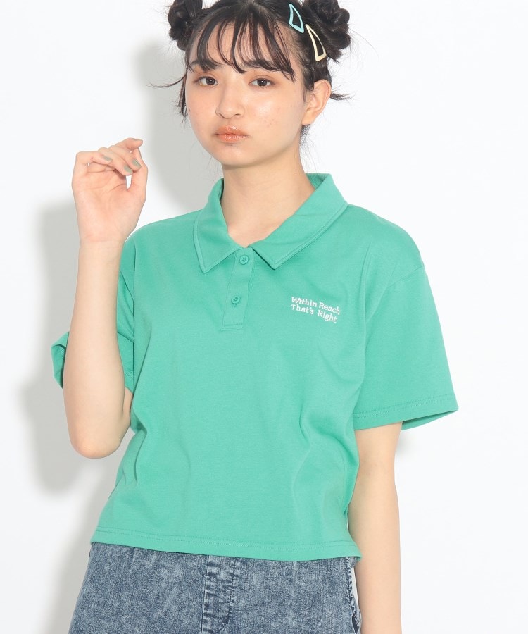 ピンク ラテ(PINK-latte)のバックハートプリント衿付きTシャツ グリーン(022)