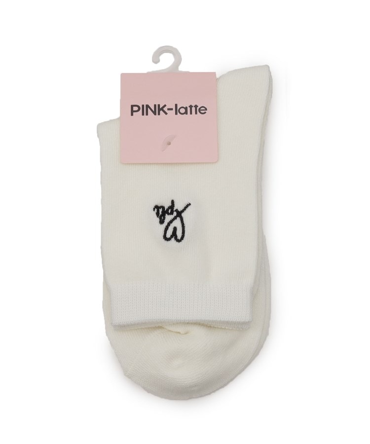 ピンク ラテ(PINK-latte)の刺繍入りカラークルーショート丈ソックス オフホワイト(003)