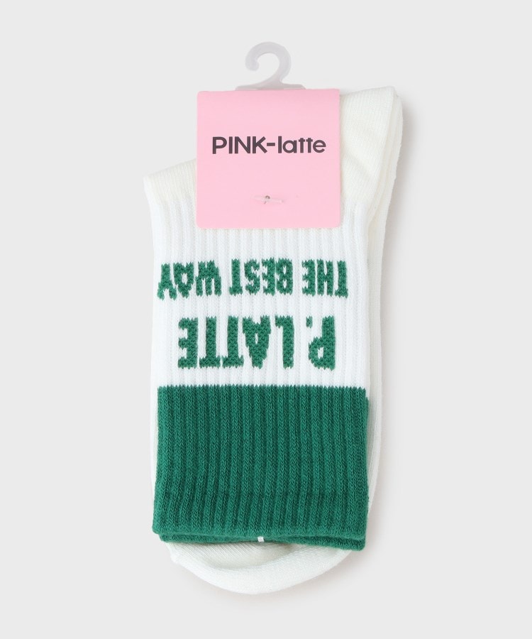 ピンク ラテ(PINK-latte)の配色ロゴショート丈ソックス オフホワイト(003)
