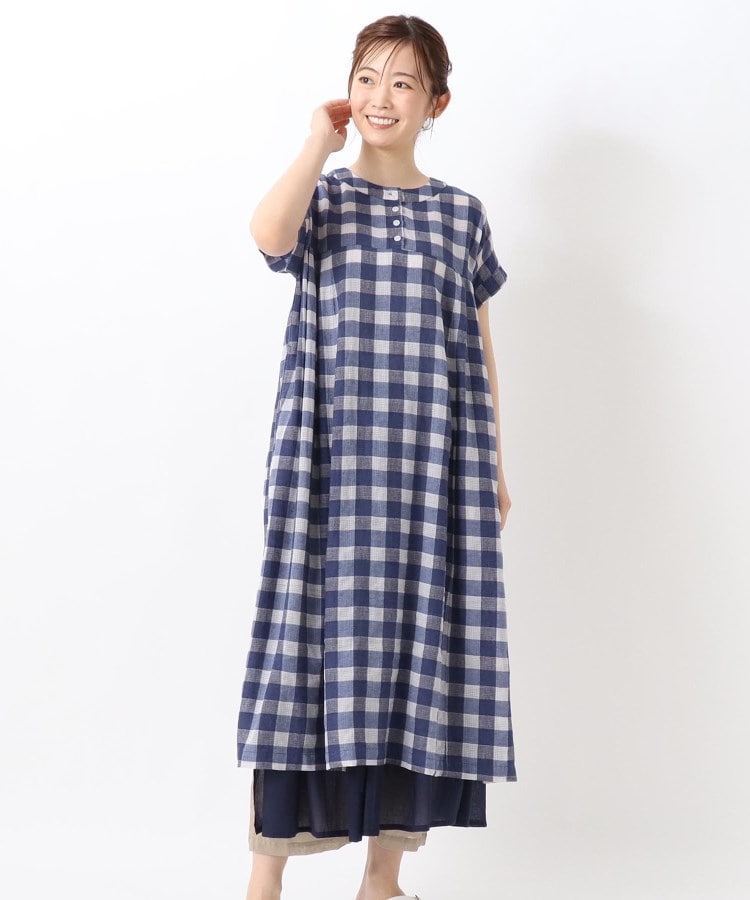 ワンズテラス(one'sterrace)の◆綿麻レーヨン織柄チェックワンピース ブルー(993)
