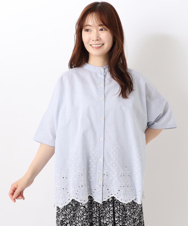 ワンズテラス(one'sterrace)の裾スカラップ刺繍 前開きブラウス ブルー(993)