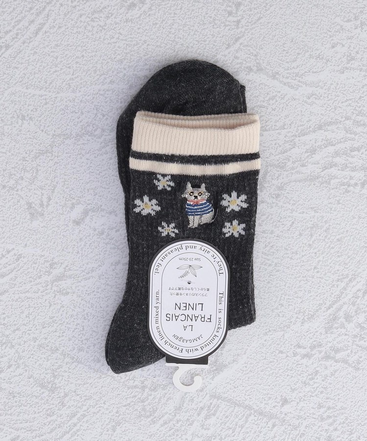 ワンズテラス(one'sterrace)の◆JG FL ワッフルねこ刺繍 クォーターソックス チャコールグレー(913)