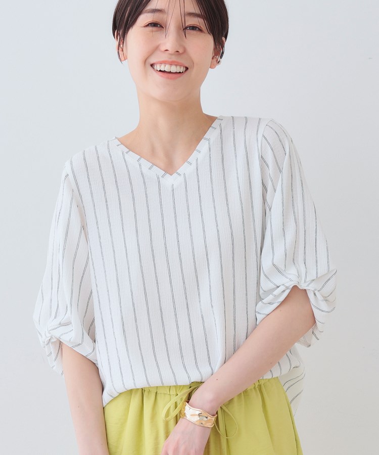インディヴィ(INDIVI)の【洗える】タックデザインスリーブ ジャージトップス ホワイト(301)