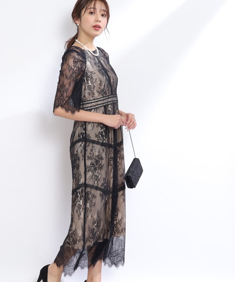 クチュールブローチ(Couture Brooch)のショルダーギャザーラッセルレースドレス ブラック(019)