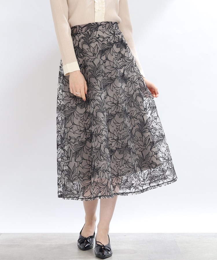クチュールブローチ(Couture Brooch)の【S-LL/秋冬新色！】チュール刺繍フレアースカート ブラック(119)