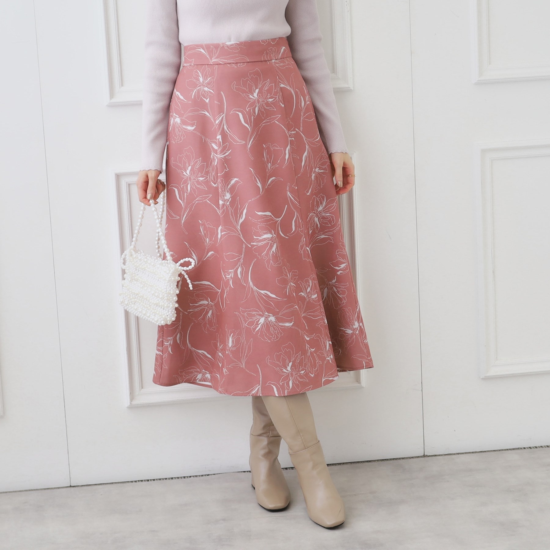 クチュールブローチ(Couture Brooch)の起毛コールフラワープリントスカート ベビーピンク(171)
