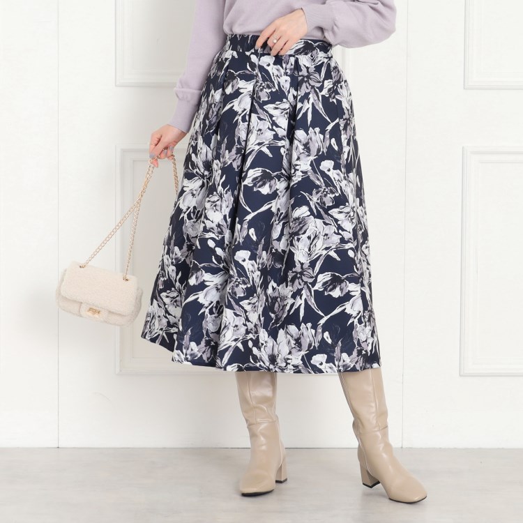 クチュールブローチ(Couture Brooch)の【オトナの着映えスカート】グログランフラワープリントスカート ミモレスカート