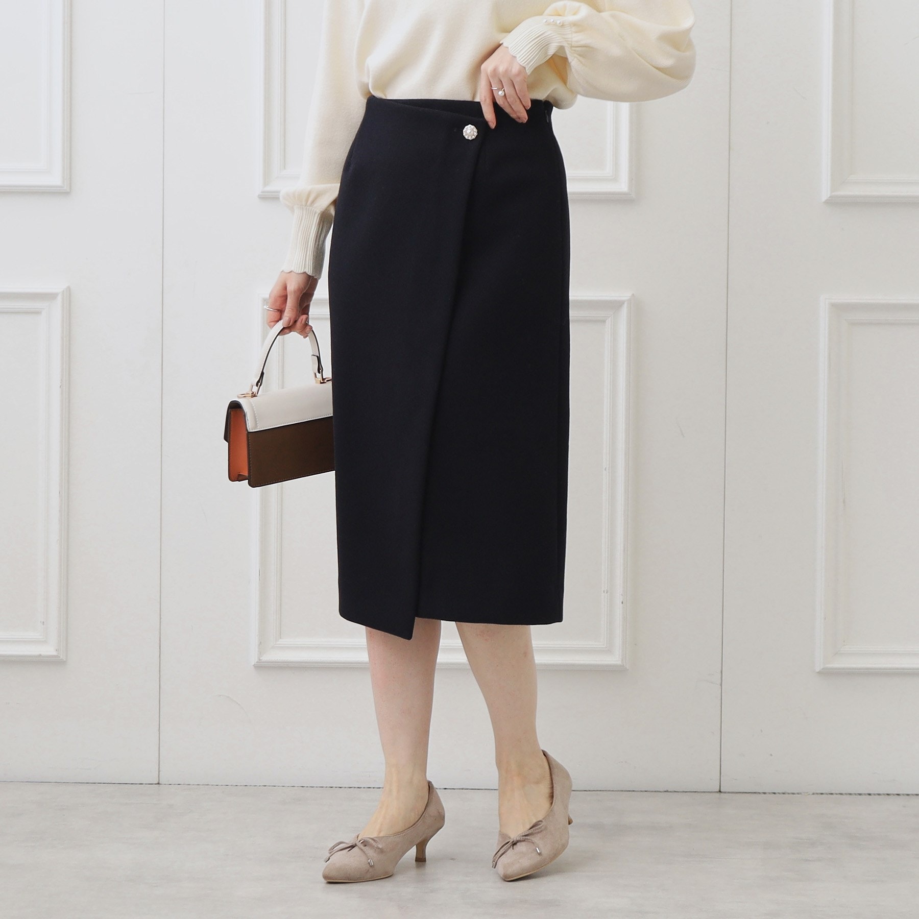 クチュールブローチ(Couture Brooch)のメルジャージラップ風スカート ネイビー(094)