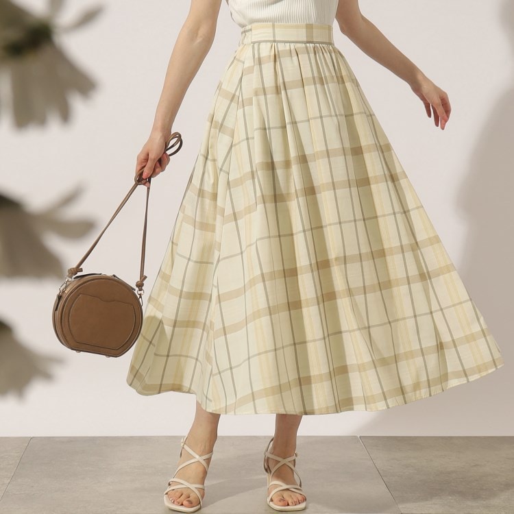 クチュールブローチ(Couture Brooch)の【夏のお出かけシーンに映える。】麻調先染めチェックロングスカート マキシ・ロングスカート