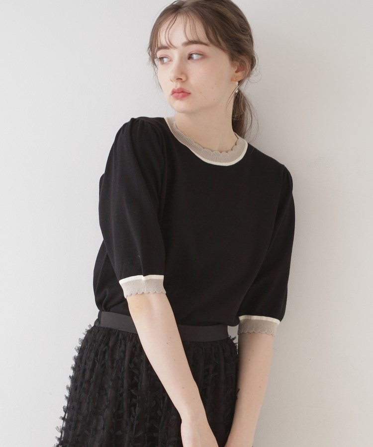 クチュールブローチ(Couture Brooch)の【二の腕カバー・上品×シンプルなニット】配色スカラ5分袖ニット ブラック(019)
