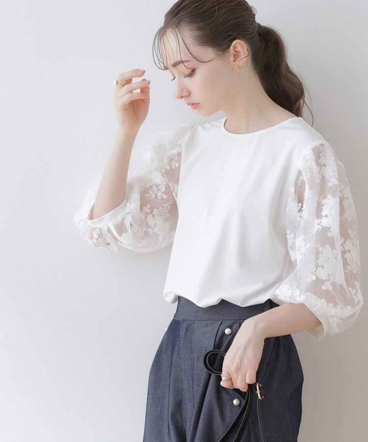 クチュールブローチ(Couture Brooch)の【二の腕カバー・残暑の秋にも使える】袖レースドッキングカットソー5