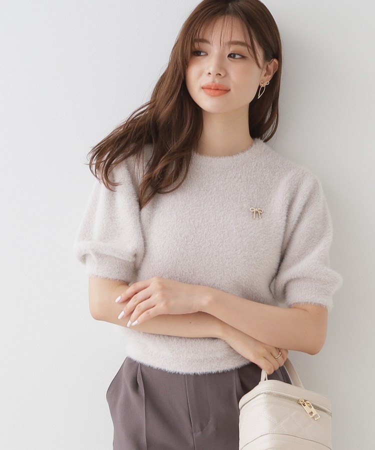 クチュールブローチ(Couture Brooch)のリボン付きラメフェザー5分袖ニット5