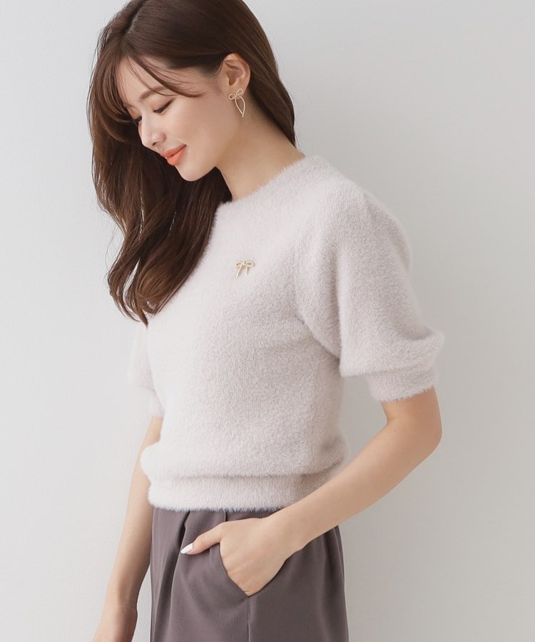 クチュールブローチ(Couture Brooch)のリボン付きラメフェザー5分袖ニット6