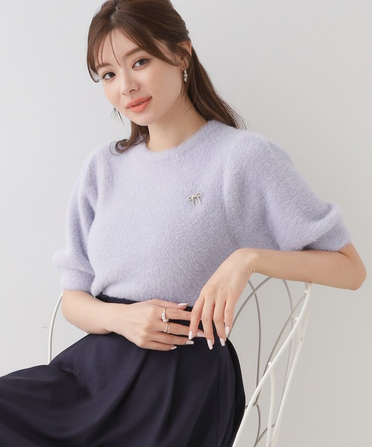 クチュールブローチ(Couture Brooch)のリボン付きラメフェザー5分袖ニット30
